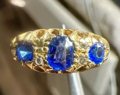 Antique English Victorian Etruscan 18k Yellow Gold Sapphire-Diamond Ring Sz 7 • $399.99