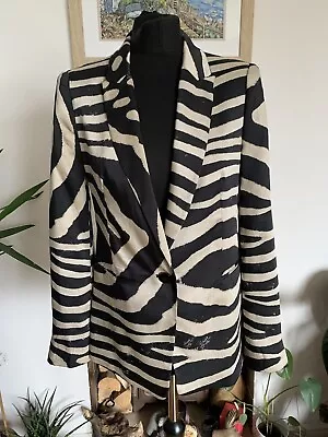 ZARA Zebra Animal Print Black & Beige Satin Jacket Size L - Blazer Shoulder Pads • £39.99