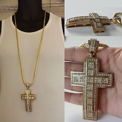 Mens Hip Hop Gold Large Cross Pendant W/ 36  Franco Chain Necklace • $29.99