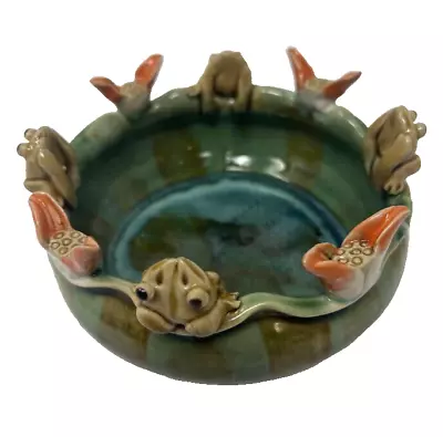 Vintage Majolica 4 Frogs Lily Pad Planter Glazed Pottery Green Bowl • $39.99