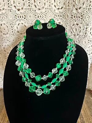 Vintage West Germany 3 Strand Plastic Green Necklace & Matching Clip Earrings • $25