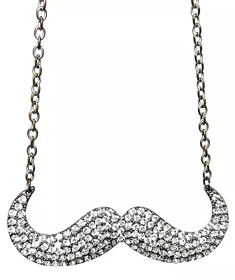 RHINESTONE MUSTACHE Necklace Silver Tone Mustache Pendant Spring Ring Closure • $11.20