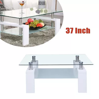 White Modern Side Coffee Table Glass Top Living Room Furniture Rectangle Shelf • $88.99