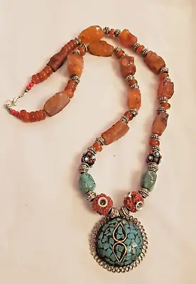 Vintage Tibetan Natural Turquoise Brown Quartz Beaded Pendant Necklace 20  • $50