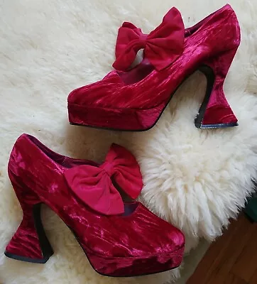 PIN UP Vintage 90s Mary Jane Velvet Witchy Victorian Platform Wild Pair Bow 7.5 • £131.98