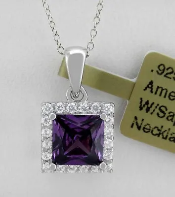 LAB CREATED 1.16 Cts AMETHYST & W/SAPPHIRES PENDANT NECKLACE .925 Silver - NWT • $0.99