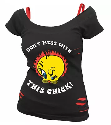 Looney Tunes Tweety Pie - Tough Chick - 2in1 Red Ripped Womens Top • £12.99