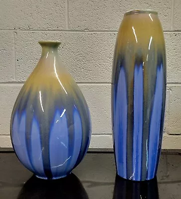 Mid Century Modern Pair Of Vintage Blue Drip Glazed Ceramic Vases Vessels 1960s • $150