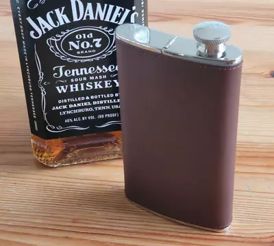 Brown Soft Leather Wrapped 4oz Stainless Steel Flask Build  In Cigar Holder Case • $29.95