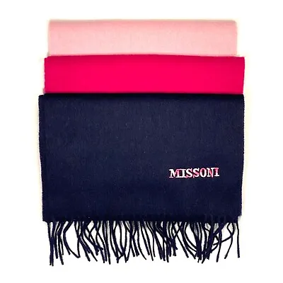 MISSONI Womens Wool Fringe Scarf Pink Logo Navy Blue Gray Fuchsia • $28.99