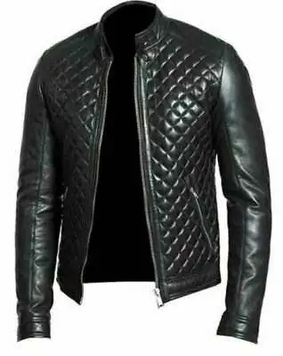 Stylish Mans Mens REAL LEATHER BIKER JACKET QUILTED ROCK PUNK • $102.33