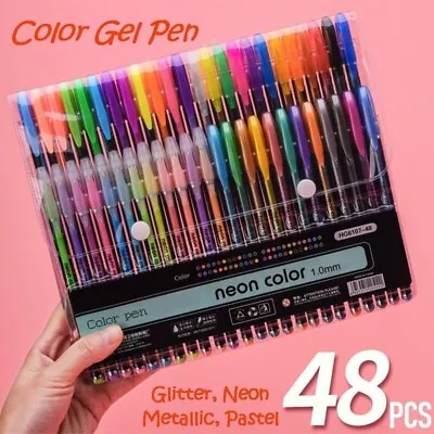 48 Pack Metallic Gel Pens Set Assorted Colours For Kids Adult Colouring Book Art • £8.99