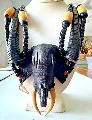 HUGE Carved Wood Elephant Head & Bead Necklace    (MRZ) • $50