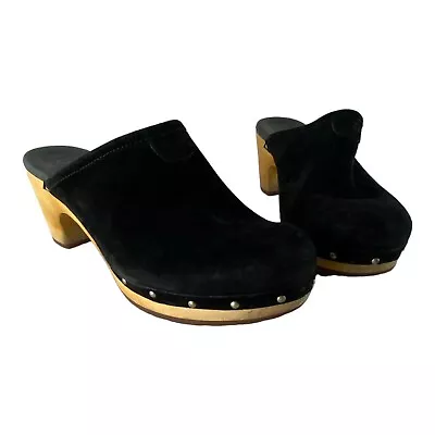 Ugg Womens 5772 Abbie Black Suede Clogs Shoes Size 8 Slip On Wooden Heels • $39