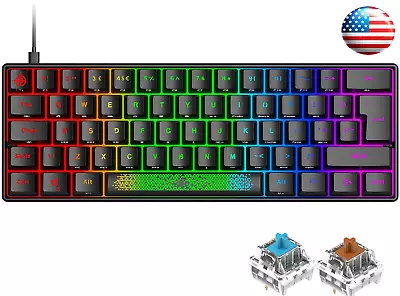 Mini UK Layout 61 Keys Mechanical Keyboard RGB Backlit Ultra-Compact Wired USB C • $42.23