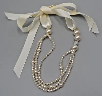 Crewcuts Faux Pearl Necklace Georgian Revival  Festoon 3 Strand Ribbon Ties Vtg • $24.88