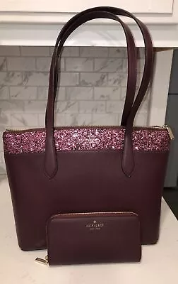 Kate Spade Flash Glitter Tote Saffiano Cherrywood K8706 With Matching Wallet! • £241.05