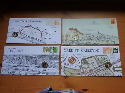 Royal Mint Set Of Four Cities £1 Coin Covers - London/Edinburgh/Cardiff/Belfast • £59