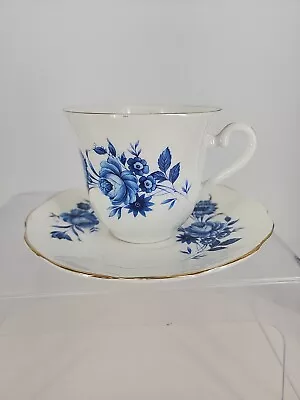 Elizabethan English Tea Cup Saucer Set Blue White Roses Bone China Teacup  • $12.95