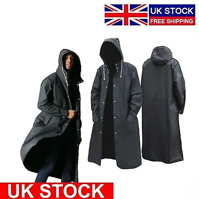 Waterproof Long Black Raincoat Men Rain Coat Trench Jacket Hooded Outdoor Hiking • £11.95