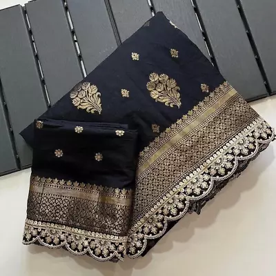 Coding Lace Embroidery Saree Indian Wedding Designer Party Wear Black Women Sari • £31.99