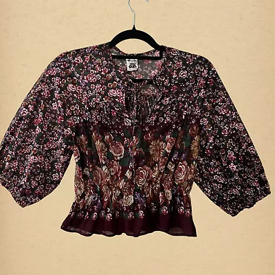 Vintage 70s You Babes Slightly Sheer Floral Cropped Blouse Women  X-small Small • $25