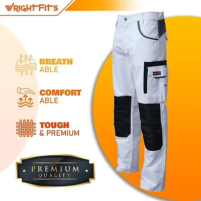 Mens Painters White Work Trousers With Cargo & Knee Pad Pockets Decorators Pants • £21.99