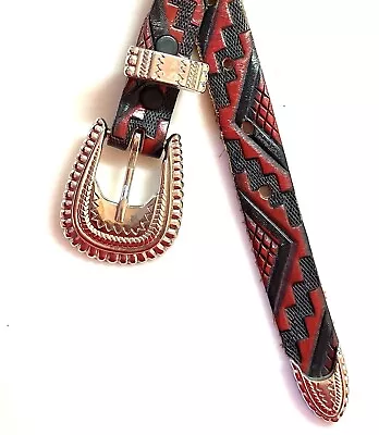 Vintage Chambers Hand Tooled  Painted  Leather Red Black  Western Belt  Size 28 • $15