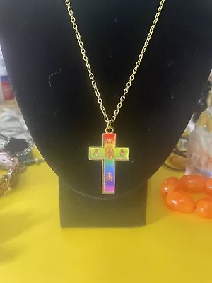 Vtg  Gold Tone Chain &Rainbow Colors Cross Pendant Necklace • $43.95