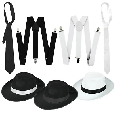 £9.99 • Buy Adults Gangster Hat, Tie & Braces Set 1920's Gatsby Fancy Dress Al Capone Mafia