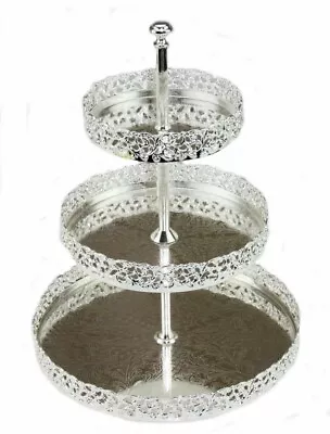 3 Tier SILVER Plated Metal Cake Stand Paandan Tray Tea Party Tray Stand 24x19cm • £15.50