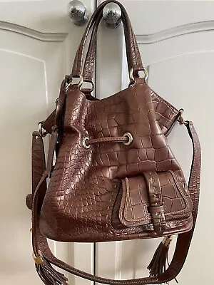 Authentic Lancel Premier Flirt Brown Croc Embossed Leather Bucket Bag • £365