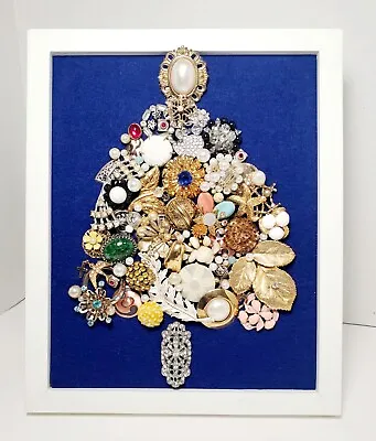 Vintage Jewelry Brooch Earrings Gold Silver Felt Christmas Tree Art Framed • $9.99