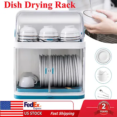 2 Tier Kitchen Dish Drainer Shelf Tray Dust-proof Box Cutlery Drying Rack Storag • $33.25