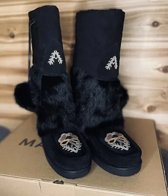 Manitobah Prairie Mukluk Black Fur Boots W/ Exclusive Beadwork Sz 8 Women’s NIB • $200