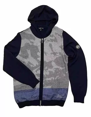 Eisbar Full Zip Sweater Mens Size M EU 50 Blue & Gray Wool Knit Hooded Midlayer • $40.63