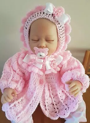 Hand Crochet Newborn Baby Girls  Cardigan/ Coat And Bonnet Hat Set  • £20.50