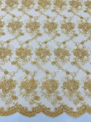 Jasmine Flower Fabric - Gold - Embroidered Floral Lace Mesh Fabric By Yard • $24.36