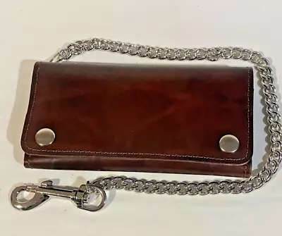 Trucker/ Biker 7  Genuine Antique Brown Leather C/c Wallet With 12  Chrome Chain • $48.99