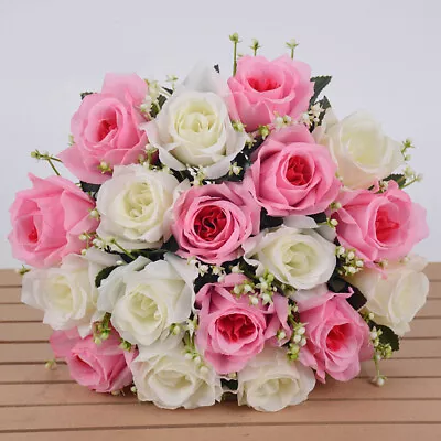 18 Heads Silk Rose Artificial Flowers Fake Bouquet Wedding Home Party Decor UK • £7.32