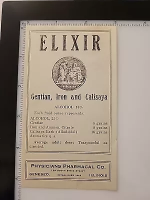 Antique Medicine Bottle Label ELIXIRGentian Iron Calisaya PHYSICIANS PHARMACAL • $16