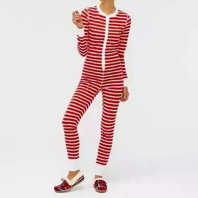 J Crew Cotton Long Johns Pajamas One Piece Sleepwear Union Suit Red Stripe Small • £23.75