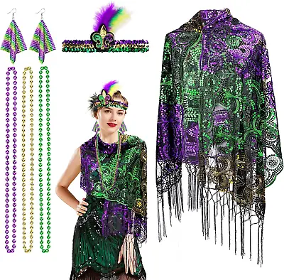 Mardi Gras Costume For Women 6 Pack Mardi Gras Sequin Shawl Scarf With Mardi Gr • $27.11
