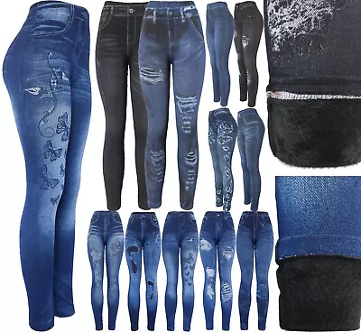 Winter Fleece Denim Print Fake Jeans Leggings Womens Faux Jean Pants • $13.95