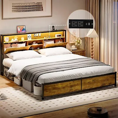 Queen Size Bed Frame With LED Lights& Headboard Modern Metal Platform Bed Frame • $189.97