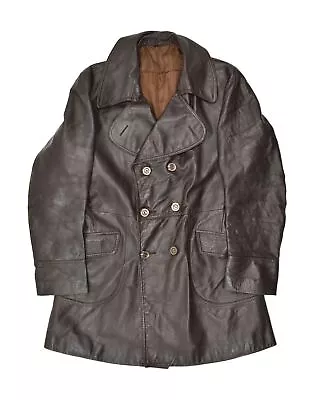 VINTAGE Mens Double Breasted Leather Coat UK 36 Small Brown AT06 • $41.01