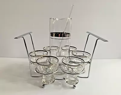 VTG LIBBEY Silver Band Cocktail Martini Bar Set 6 Glasses Mix Pitcher & Stand • $69.99