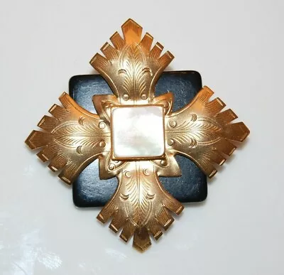 Elegant Vintage Golden Metal On Black Acrylic Piece Maltese Cross Pin Or Brooch • $26.75