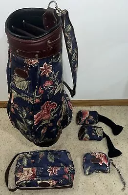 Bloomingbags Vintage Golf Cart Bag 6-way Rare 3 Piece Set Leather Floral Canvas • $50