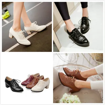 Women Retro Lace Up Oxfords Mid Block Heel Round Toe Brogue Shoes Plus Size New • $59.95